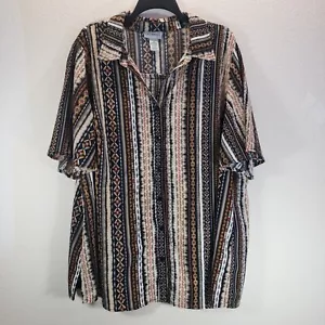 Catherines Womens Plus 2X Black Tan Aztec Striped Short Sleeve Shirt Button Up - Picture 1 of 7