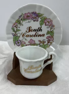 Taza de té y platillo floral en miniatura souvenir de Carolina del Sur + soporte porcelana #23C - Imagen 1 de 5