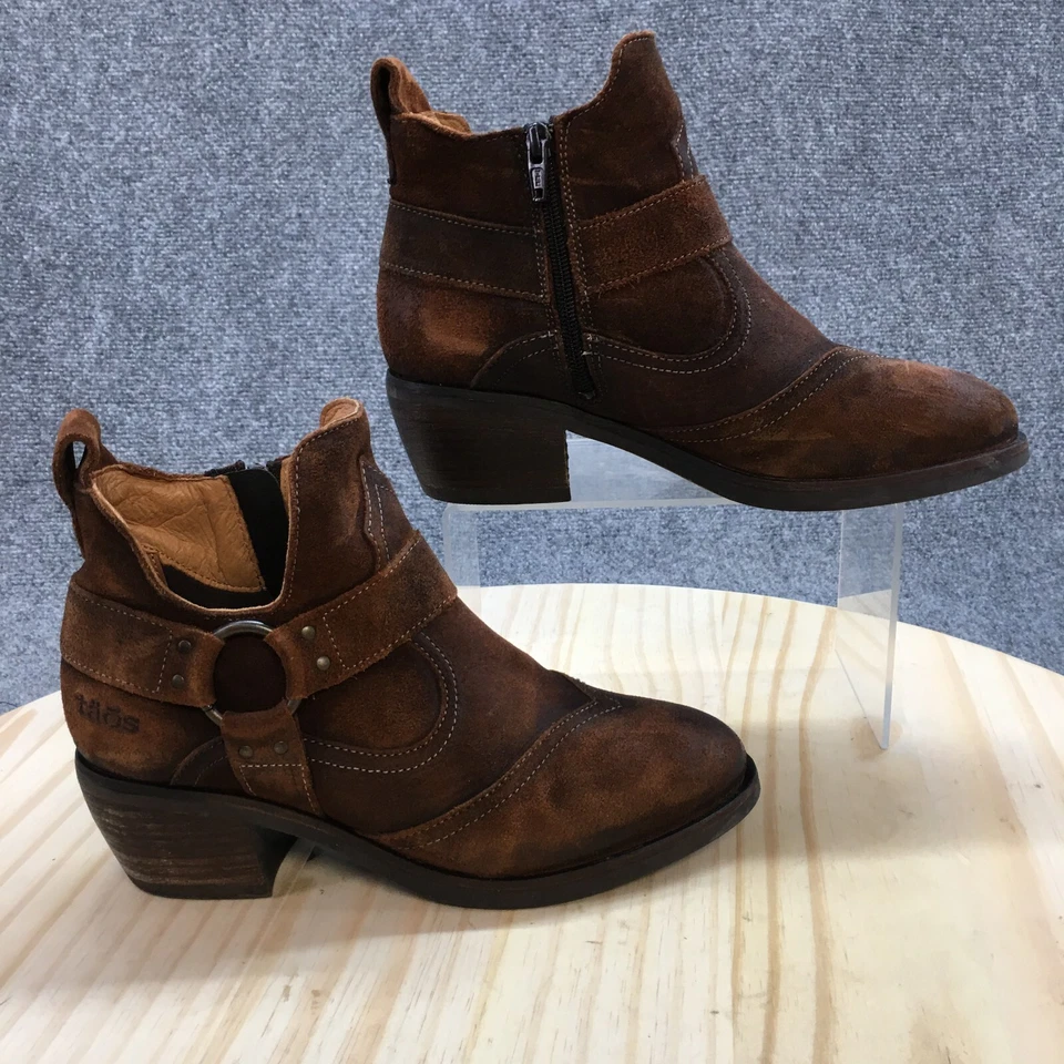 Taos Boots Womens 6-6.5 Harness Ankle Booties Heels Brown Leather Side Zippers - Image 1 of 4