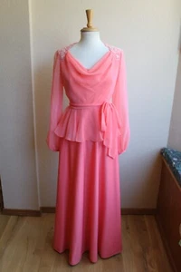 vintage 70s Salmon Pink Beaded Formal maxi dress Sheer Sleeves S 4 6 - Picture 1 of 4