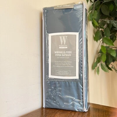 Wamsutta 100% Pima Cotton Sateen King Flat Sheet 525 TC Blue Wrinkle Free New - Image 1 of 4