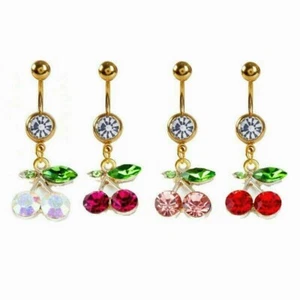 Cherries GOLD Rockabilly Punk Red Cherry Navel Belly Ring Piercing Jewelry Bar - Picture 1 of 13