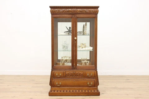 Victorian Antique Carved Oak Display or Collector Cabinet, Beveled Glass #43669 Cover