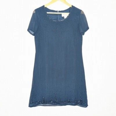 Beaded Navy Blue Shift Dress Size 4 Short Sleeve Mother of Bride MIL Evening - Image 1 of 4