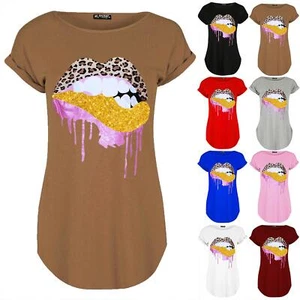 Womens Ladies Turn Up Cap Sleeve Glitter Biting Leopard Lips Curved Hem T Shirt - Picture 1 of 7