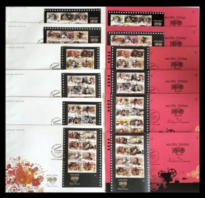 115. INDIA 2013 SET/6 STAMP MINIATURE SHEETS INDIAN CINEMA FDC + BROCHURE . - Image 1 of 4