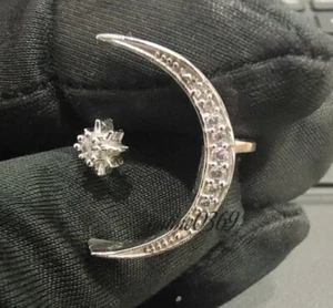 Classic Woman's Natural diamond Half Moon Star Adjustable Engagement Ring Silver - Picture 1 of 8