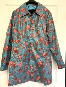 Betsey Johnson Pink Roses Floral Blue Rain Trench Coat Size Large - Unused - Picture 1 of 6