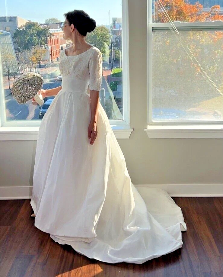 Vestido de novia clásico vintage años 60 MCM blanco perla cuentas bullicioso nupcial XXS Foto 1 de 4