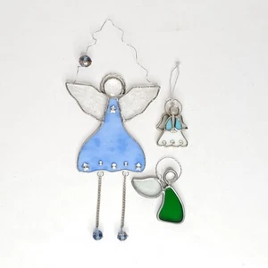 3 Stained Glass Angel Suncatchers Window Hanging Blue Green Aqua - Picture 1 of 7