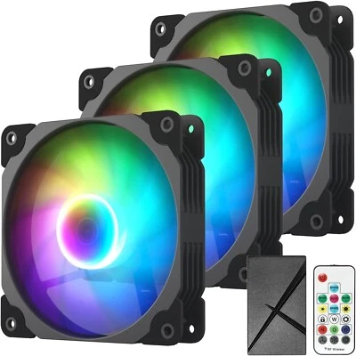 Vetroo 3 Pack 120mm ARGB LED Case Cooling Fan Computer PC Cooler Black Frame Hig - Image 1 of 4