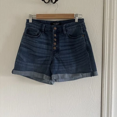 Pantalones cortos de mezclilla Judy azul tiro alto con botones talla 29 dobladillo con puños Foto 1 de 4