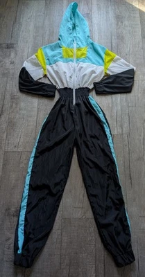 Mujer Años 80 Colorblock Rompevientos Cremallera Mono Con Capucha Disfraz Negro Talla S Foto 1 de 4
