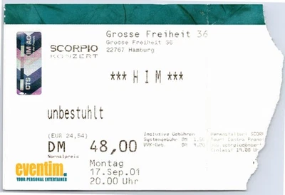 HIM Ticket 2001 Tour - Hamburg Grosse Freiheit - Konzert Karte - Image 1 of 2