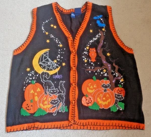 Vintage 90er Basic Edition Halloween Applikation schwarze Katze Kürbis Pullover Weste Gr. 2X - Bild 1 von 12