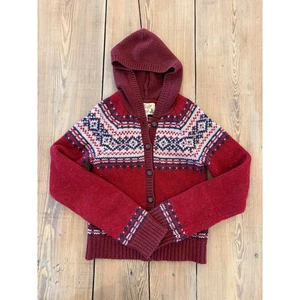 Y2K Hollister Hooded Cardigan Sweater Womens M Red Nordic Fair Isle Wool Blend - Picture 1 of 7