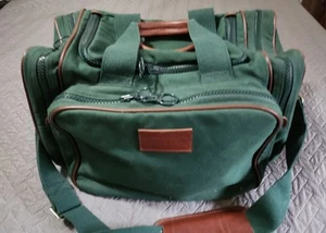 Vintage Lands’ End Large Duffel Green w/ Leather Trim Duffle Bag Carry On Travel - Picture 1 of 15
