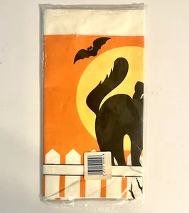 Party House Sealed Halloween Paper Tablecloth Black Cat Bat 54x96 Orange Yellow - Picture 1 of 7