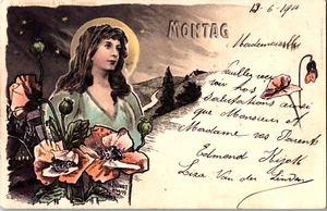 Postal Art Nouveau Artista Firmada H. Frundt Montag Dama De Colección 09.59 - Imagen 1 de 2