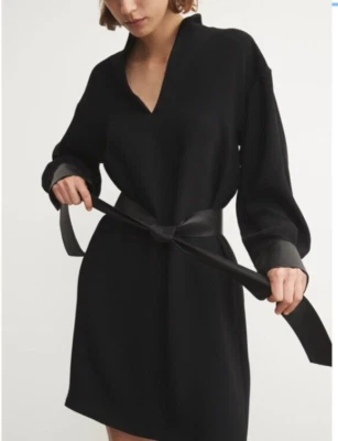 Vince Women Belted V-Neck Black Long Sleeve Faux Leather Accent Dress Size XXS - Image 1 of 4