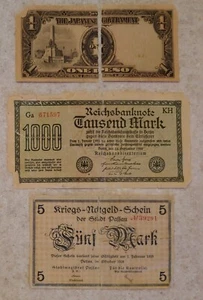 German Marks - 1922 1000 Reichsmarks, 1918 Passau-Stadt 5 & Japanese Peso - Picture 1 of 8