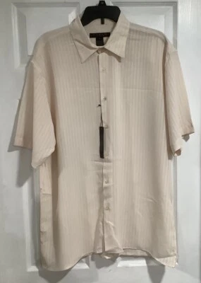 Vntg Domani Platinum Beige Shirt Mens XL Button Short  Sleeve Striped - Image 1 of 4