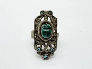 VINTAGE EGYPTIAN REVIVAL SCARAB RING – ORNATE FILIGREE DESIGN LADIES SIZE U - Zdjęcie 1 z 7