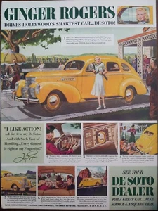 1938 Vintage DeSoto Automotive Print Ad, Hollywood Ginger Rogers Yellow Car - Bild 1 von 1
