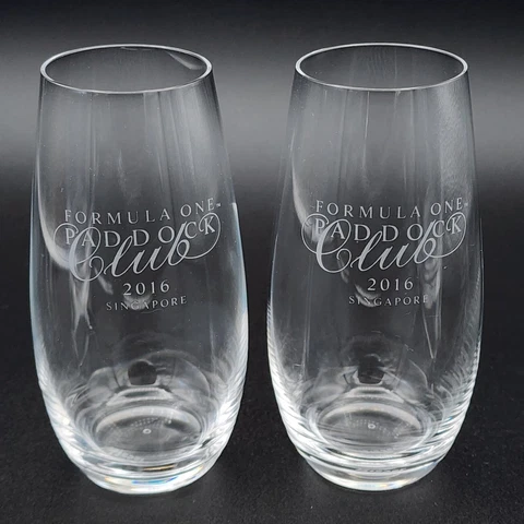 (2) 2016 Singapore Formula One Grand Prix Paddock Club Champagne Glasses, Riedel Cover