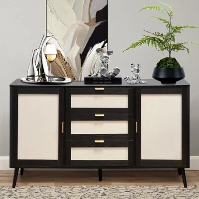63" Rattan Buffet Cabinet, Accent Sideboard with Adjustable Shelves(Black) - Image 1 of 4