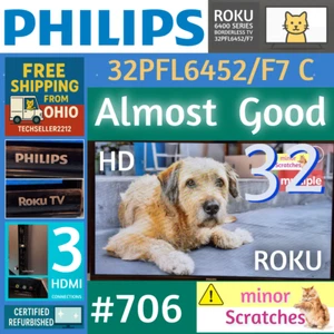 Philips 32" HD(720P Smart Roku Borderless LED TV 32PFL6452/F7C with Remote/Stand - Picture 1 of 22