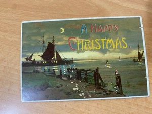 HTL HOLD TO LIGHT - MERRY CHRISTMAS - HARBOUR & SAILING SHIP SCENE -  POSTCARD - Picture 1 of 5