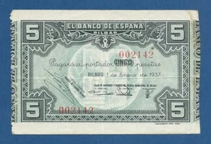 BILBAO -- 5 PESETAS ( 1937 ) -- MBC- // VF -- SIN SERIE -- Nº BAJO -- PICK S561h - Imagen 1 de 2
