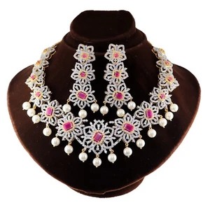 Regal CZ Necklace Set with Red and Pearl Accents - Picture 1 of 6