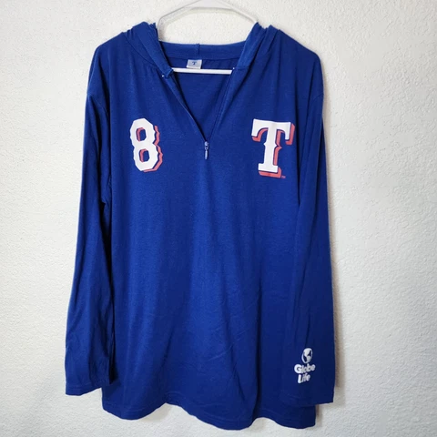 Texas Rangers Jacket Mens XL Blue #8 Chris Woodward 1/4 Zip Hoodie Globe Life Cover