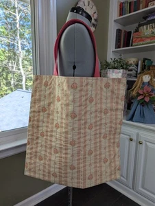 XL GEFÜTTERTE MARKT BEUTELTASCHE hm mit Vintage Baumwollmischung DRAPIERUNG "Khaki & Rot TICKEND" NEU - Bild 1 von 9