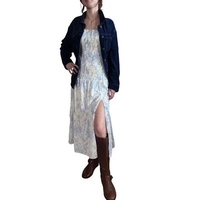 Womens Wedding Guest Blue Toile Smocked Cottagecore Midi Size S Dress Soft Girl - Image 1 of 4