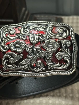 "Cinturón Western Floral Desplazamiento Hebilla Rojo Esmalte Cuero Negro 36"" Cinturón" Foto 1 de 2