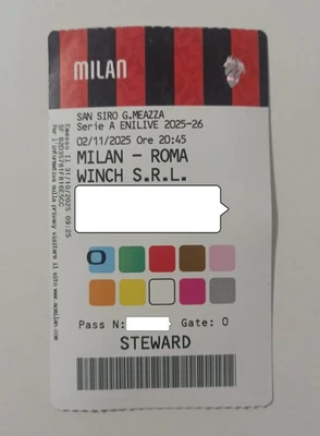 02/11/2025 Ottimo Raro Biglietto PASS Ticket -  MILAN vs ROMA Serie A 2025 2026 - Immagine 1 di 2