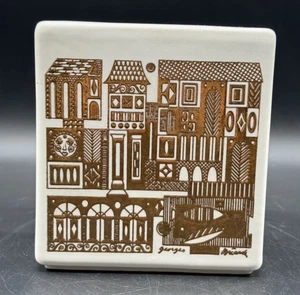 Vaso quadrato ceramica Georges Briard Hyalyn Pottery anni '60 bianco e oro dorato MCM - Foto 1 di 12