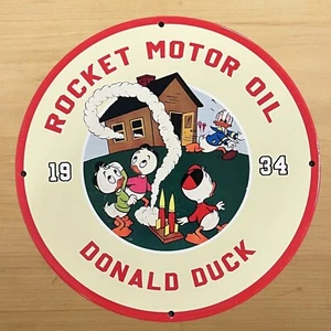 VINTAGE RAKETE MOTORÖL PORZELLANSCHILD DONALD DUCK SERVICE STATION PUMPENTELLER - Bild 1 von 8