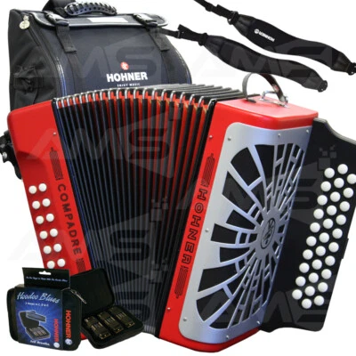 Hohner Compadre FBE - FA Acordeón Diatónico Rojo + Bolsa, Correa, Paquete de 3 Armónica Foto 1 de 4