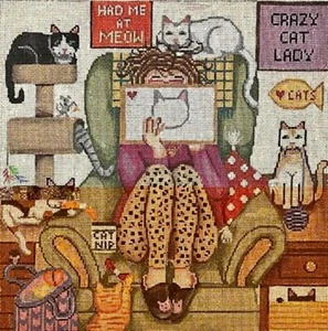 Needlepoint Handpainted Gayla Elliot Stitching Girl With Cats Alice Peterson 10" - Picture 1 of 4