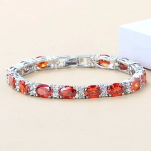Mexican Fire Opal and Diamonds Tennis Bracelet 14K White Gold-Filled / Oval-Cut - Picture 1 of 3