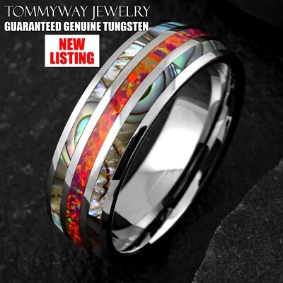 Anillo de alianza de boda a rayas de abulón rosa/rojo ópalo de tungsteno de 8 mm para hombre Foto 1 de 4