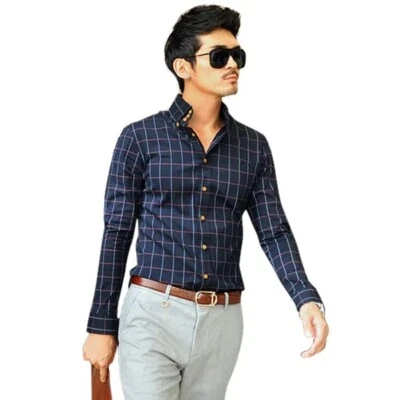 豪华男式衬衫短袖休闲格子修身商务礼服衬衫上衣 — 第 1/4 张图片