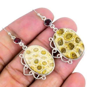 Natural Fossil Coral 925 Sterling Silver Unique Drop Dangle Engagement Earrings - Picture 1 of 7
