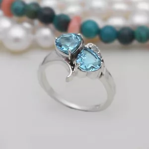Stunning 925 Sterling Silver Blue Topaz Heart Ring Promise Jewelry for Her - Picture 1 of 7