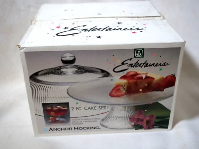 Juego de 2 piezas de pastel/soporte de vidrio pesado acanalado Anchor Hocking Entertainers nuevo en caja Foto 1 de 2