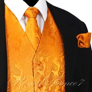 ORANGE Paisley Tuxedo Suit Dress Vest Waistcoat & Neck tie & Hankie Set 20-EE - Picture 1 of 5